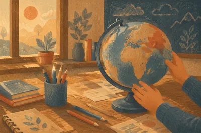 Student Turning Globe on Classroom Desk