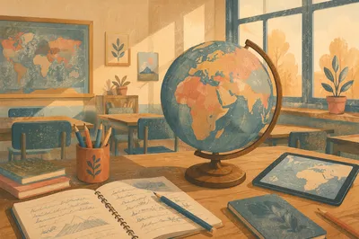 Vintage Globe on Classroom Desk