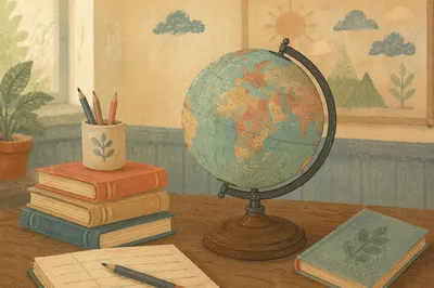 Vintage Classroom Globe on Wooden Desk