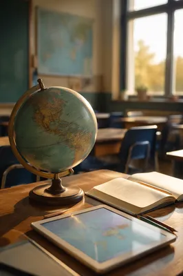 Vintage Globe on Classroom Desk at Sunset
