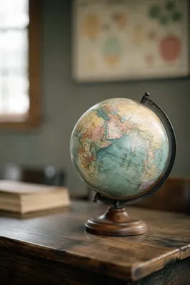 Vintage Classroom Globe on Wooden Desk