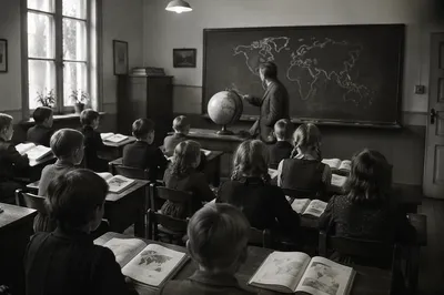 Vintage Classroom Globe Geography Lesson Scene