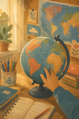Vintage Classroom Globe and Student Hands