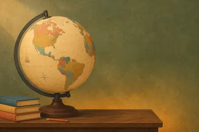 Vintage Classroom Globe on Wooden Desk