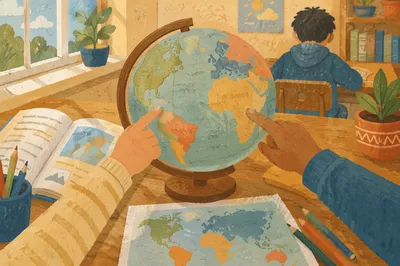 Students Exploring Globe in Bright Classroom