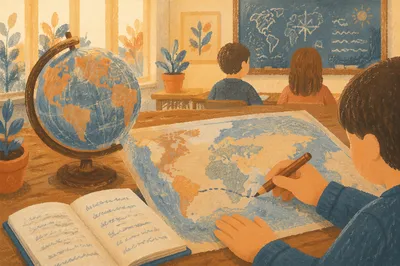 Warm Classroom Geography Lesson with Globe
