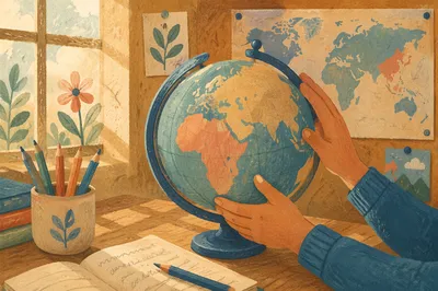 Student Hands Exploring Vintage Classroom Globe