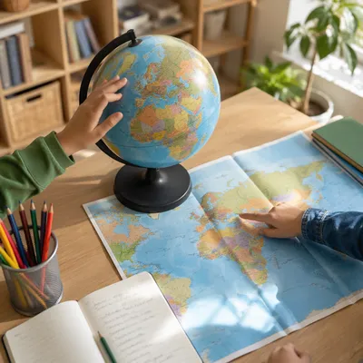 Children Exploring Globe and World Map