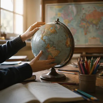 Student Hands Exploring Vintage Classroom Globe