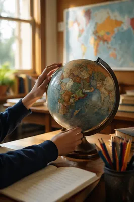 Student Hands Exploring Vintage Classroom Globe
