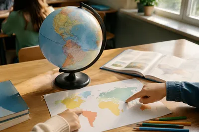 Classroom Globe and World Map Study Scene