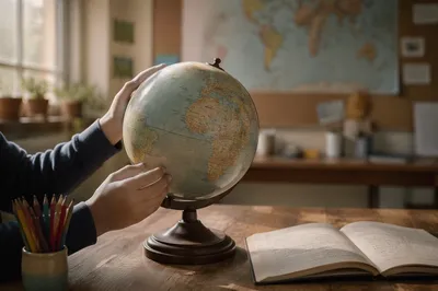 Student Hands Turning Vintage Classroom Globe
