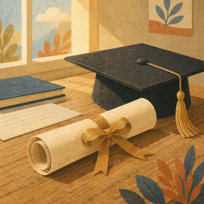 Graduation Cap and Diploma on Wooden Table