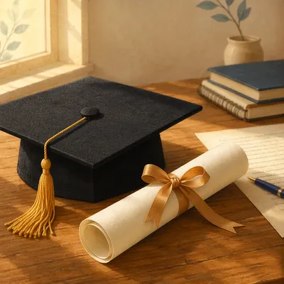 Graduation Cap and Diploma on Study Table