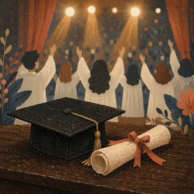 Graduation Cap and Diploma on Stage Table