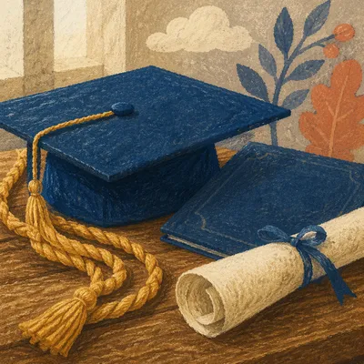 Graduation Cap and Diploma Close-Up Display