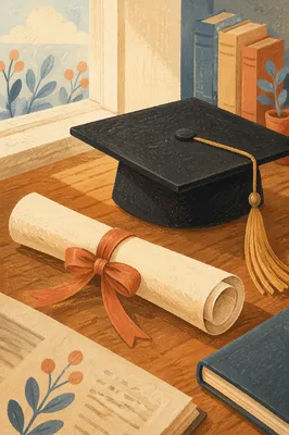 Graduation Cap and Diploma on Wooden Table