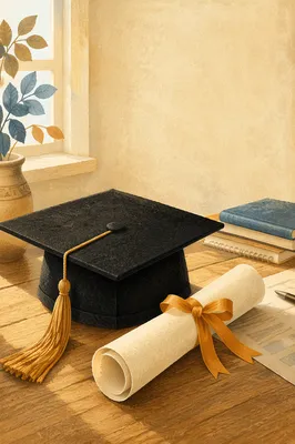 Graduation Cap and Diploma on Wooden Table