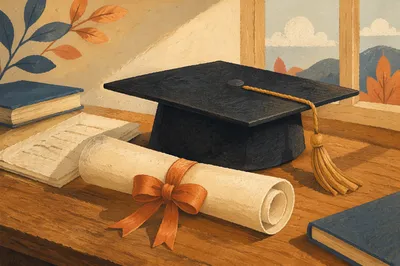 Graduation Cap and Diploma on Wooden Table
