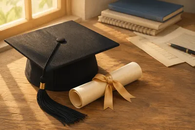 Graduation Cap and Diploma on Study Table