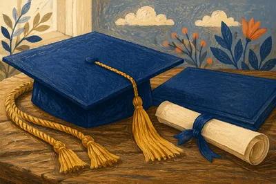 Graduation Cap and Diploma on Wooden Table