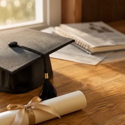 Graduation Cap and Diploma on Study Table