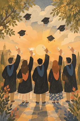 Graduation Caps and Diplomas at Sunset