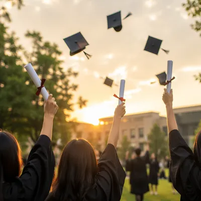 Graduates Raising Diplomas at Sunset Ceremony