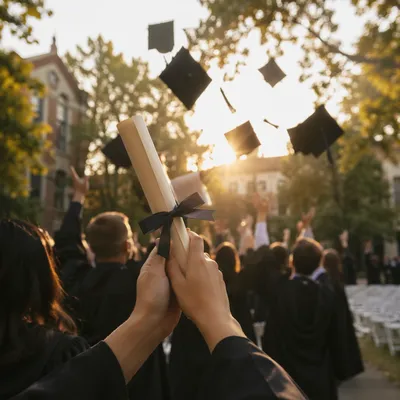 Graduation Caps and Diploma at Golden Hour