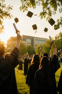 Graduates Raising Diplomas at Sunset Ceremony