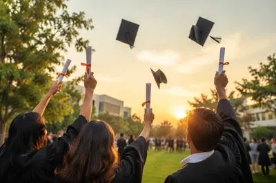 Graduates Raising Diplomas at Sunset Ceremony