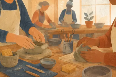 Hands Shaping Clay in Art Workshop