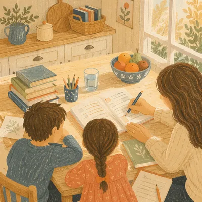 Homeschool Morning Learning at Kitchen Table