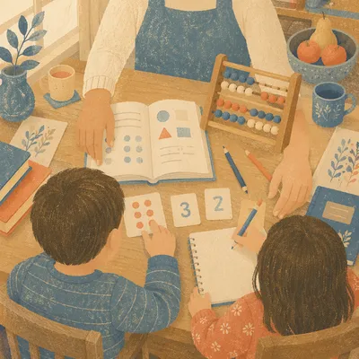 Homeschool Morning Learning at Kitchen Table