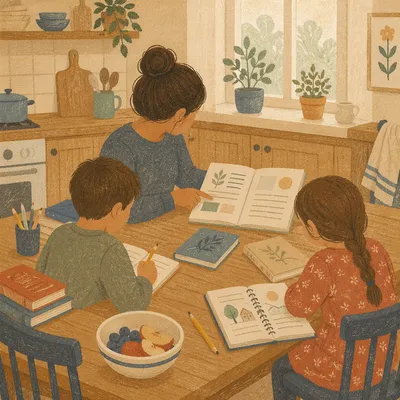 Homeschool Morning Learning at Kitchen Table