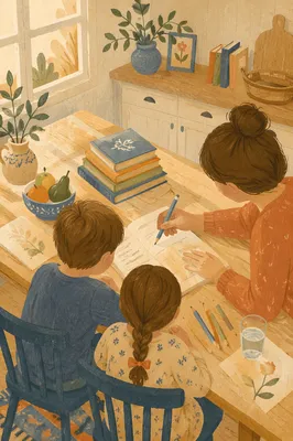 Homeschool Morning Learning at Kitchen Table