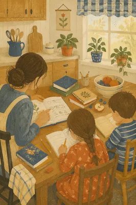Homeschool Morning Learning at Kitchen Table