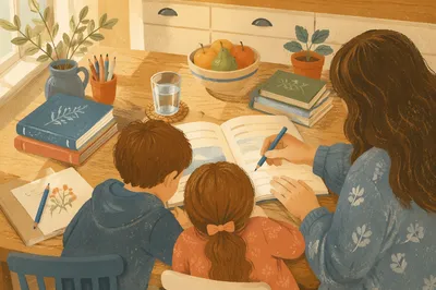 Homeschool Morning Learning at Kitchen Table