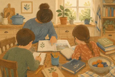 Sunlit Homeschool Morning at Kitchen Table