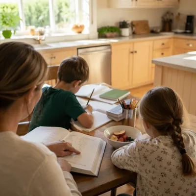 Homeschool Morning Learning at Kitchen Table