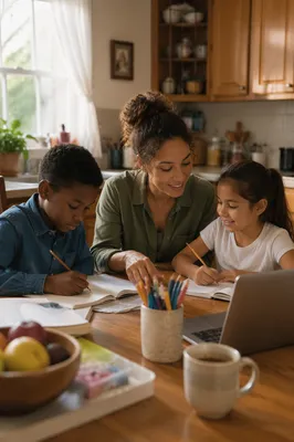 Homeschool Family Learning in Sunlit Kitchen