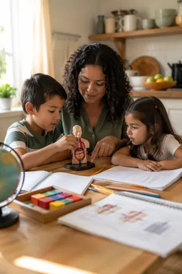 Mother Teaching Children at Kitchen Table