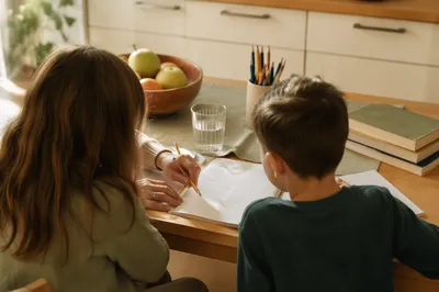 Homeschool Morning Learning at Kitchen Table