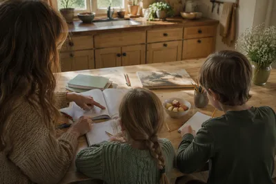 Homeschool Morning Learning at Kitchen Table