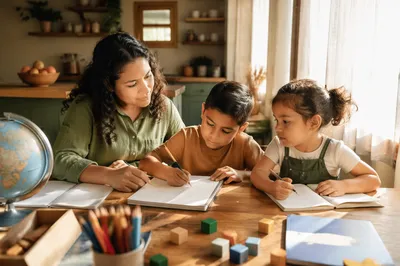Mother Teaching Children at Kitchen Table