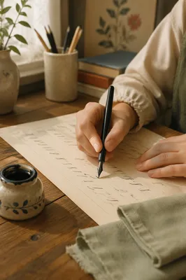Ink Pen and Calligraphy Practice Close-Up