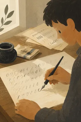 Calligraphy Practice with Ink Pen Close-Up