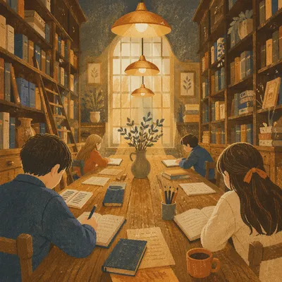 Warm Historic Library Reading Room Scene