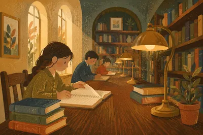Warm Historic Library Reading Room Scene