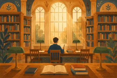 Warm Historic Library Reading Room Scene